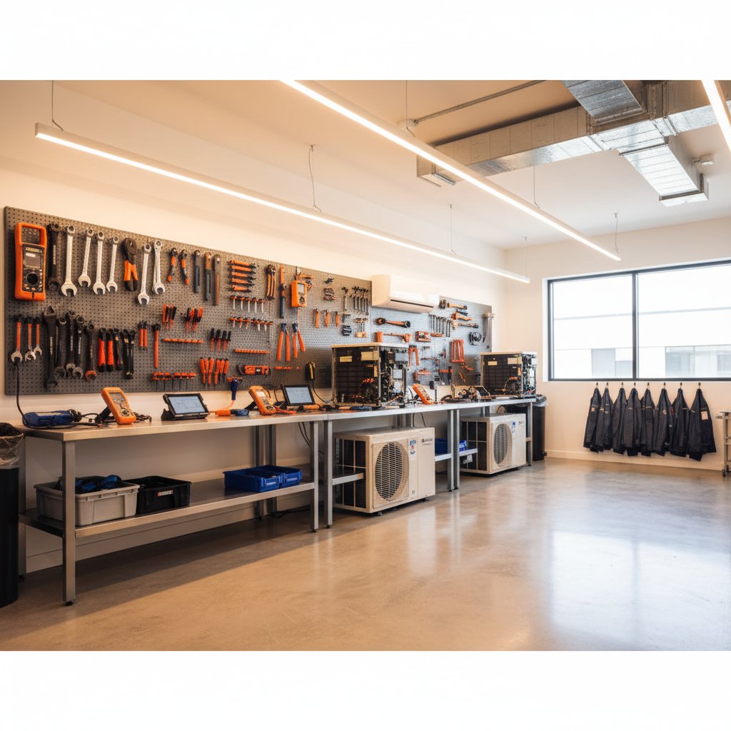 Air conditioning maintenance technician performing seasonal diagnostics